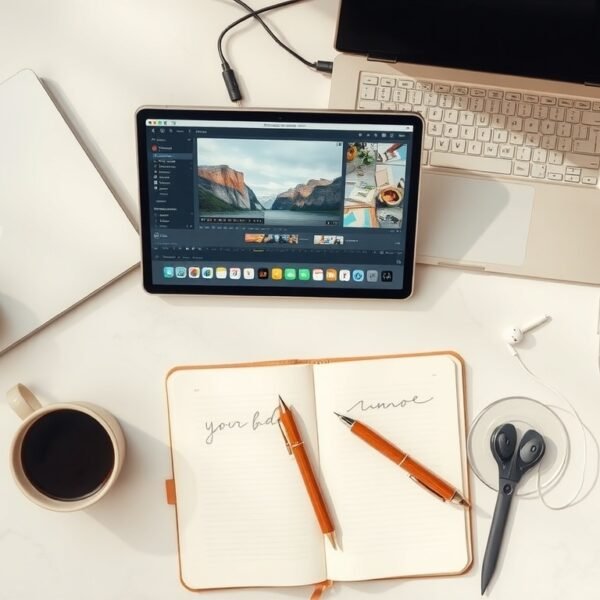유튜브 편집 - flat lay of video editing setup with laptop showing YouTube editing software, microphone and headphones on white desk