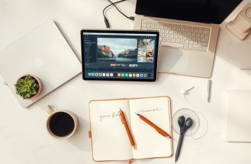 유튜브 편집 - flat lay of video editing setup with laptop showing YouTube editing software, microphone and headphones on white desk