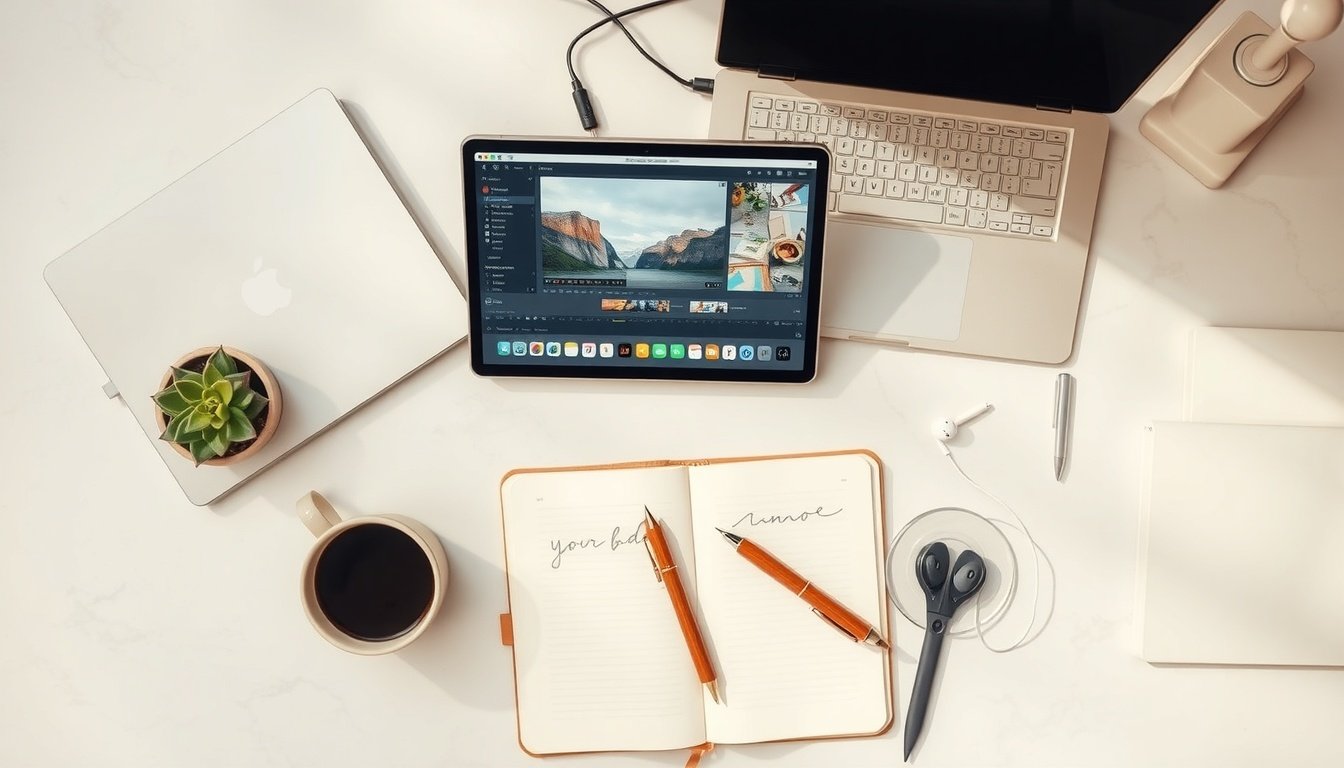 유튜브 편집 - flat lay of video editing setup with laptop showing YouTube editing software, microphone and headphones on white desk