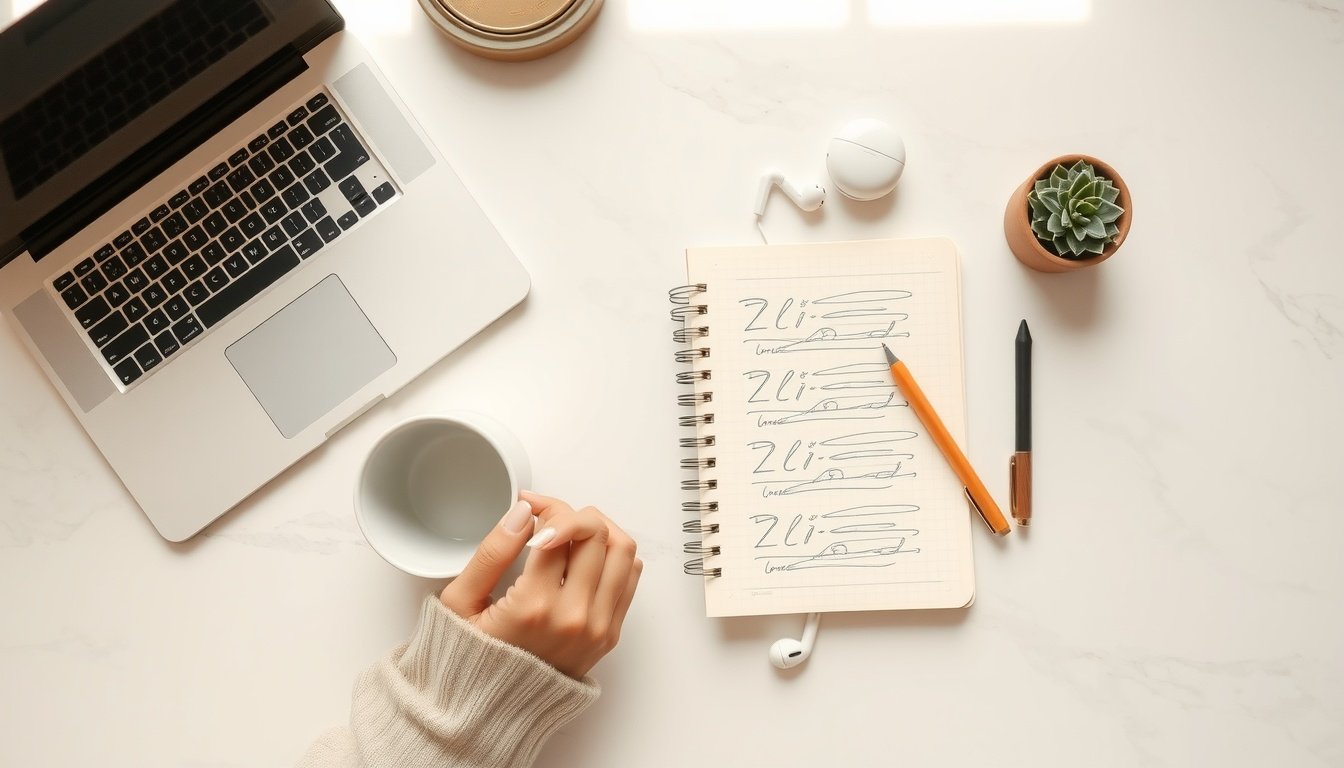 SEO 최적화 방법 - Korean blogger upper body shot with face visible, writing SEO optimized content on laptop at desk, natural hands