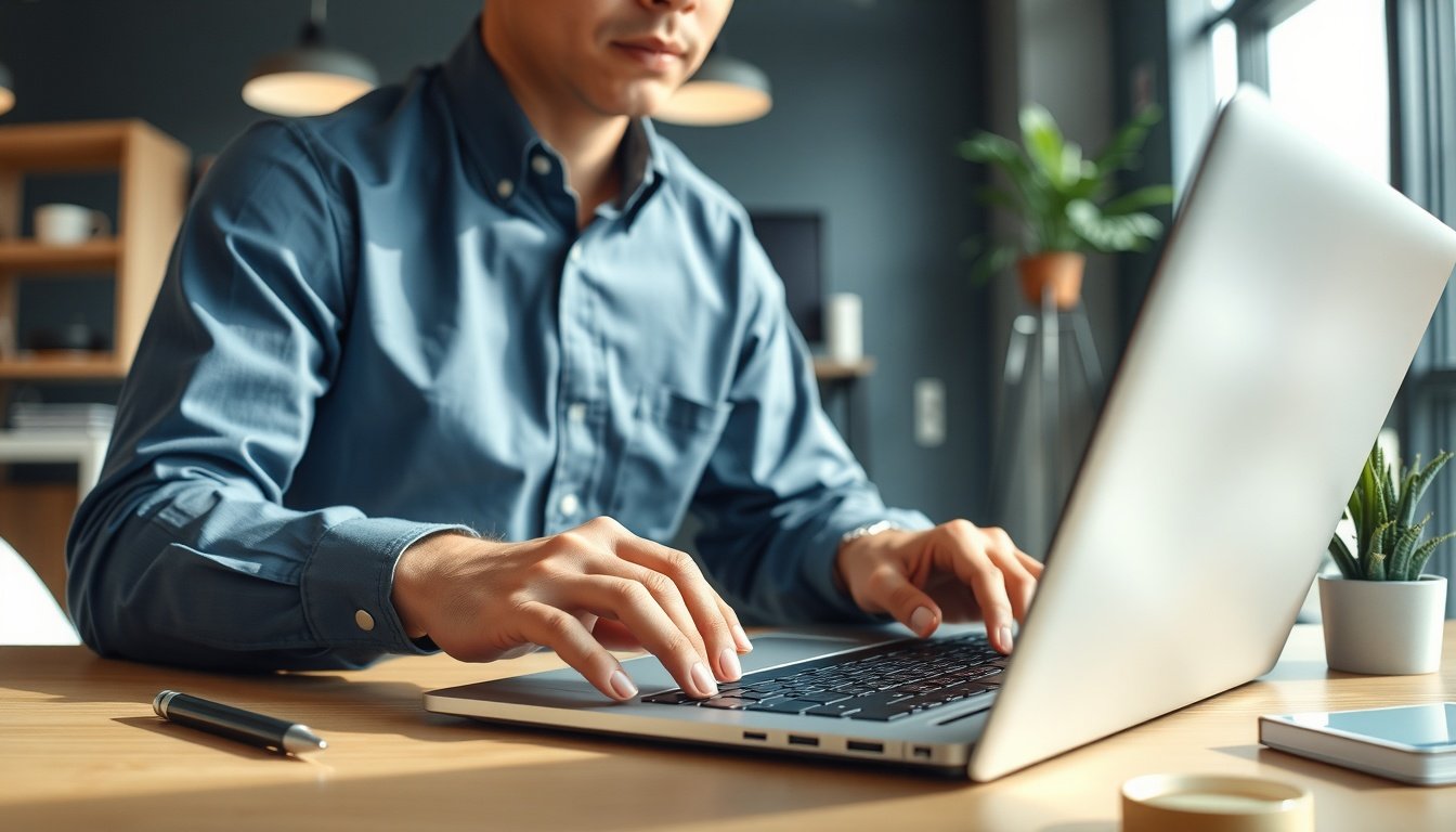 오픈AI - Korean professional upper body shot with face visible, using ChatGPT on laptop at office desk, natural hands, AI productivity concept