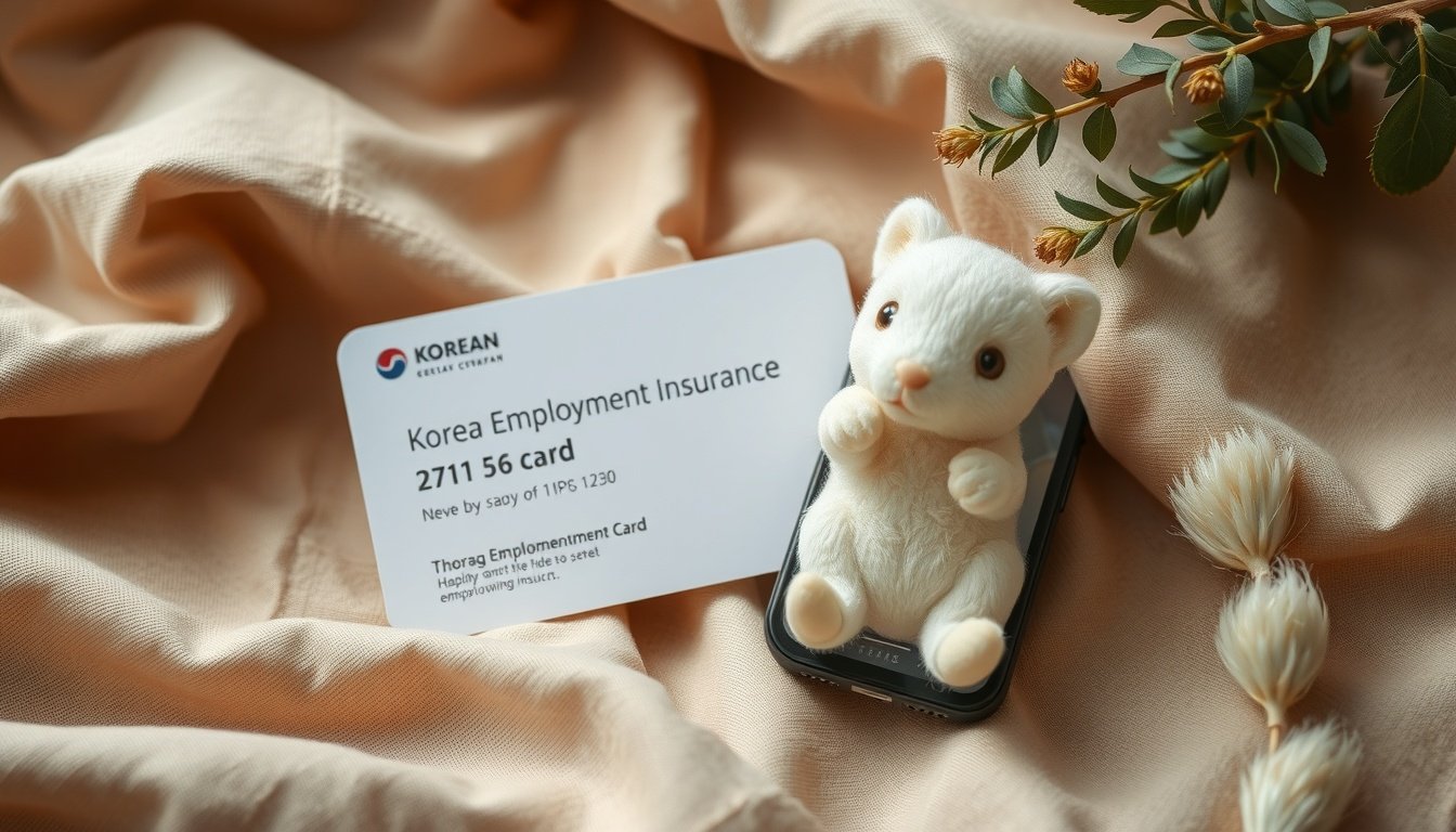 실업급여 신청 - flat lay of Korean employment insurance card and smartphone showing online application screen on white background, unemployment benefit application 2026