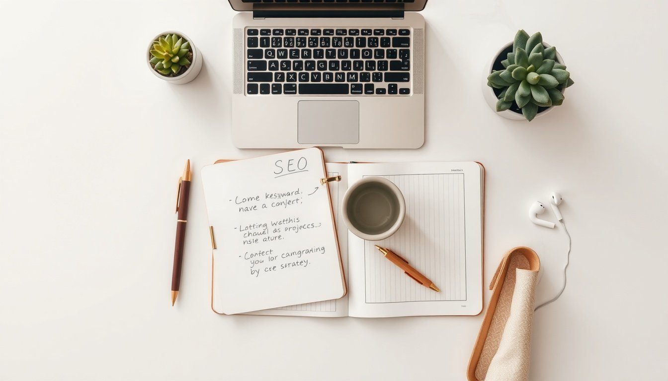 네이버 블로그 최적화 - flat lay of SEO keyword research notes, Naver blog optimization strategy plan on desk with coffee cup, overhead view