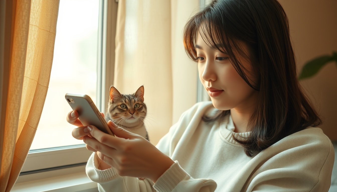 청년 지원금 - Korean young adult upper body shot with face visible, checking smartphone for youth support fund application, natural hands, bright indoor background