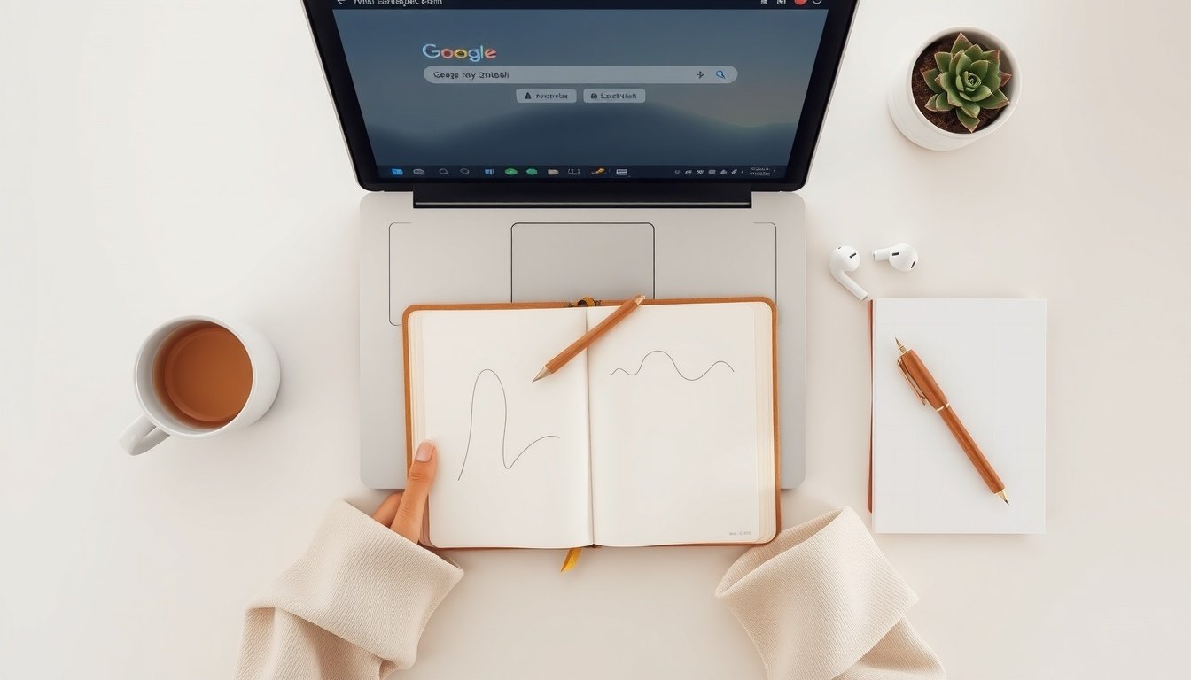 구글 SEO - Korean blogger upper body shot with face visible, analyzing Google Search Console data on laptop screen, natural hands, professional home office setting