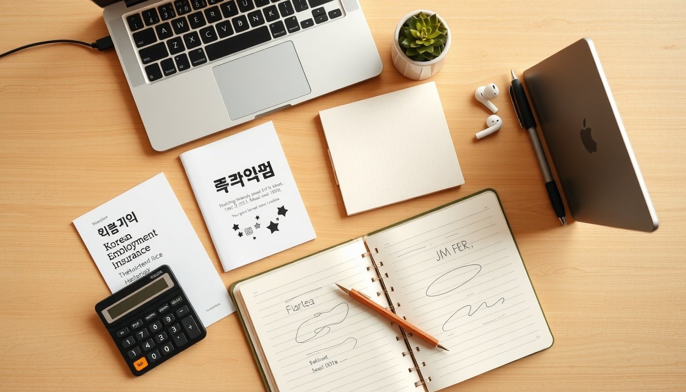 고용보험 - flat lay of Korean employment insurance booklet and calculator on wooden desk, job seeker support 2026