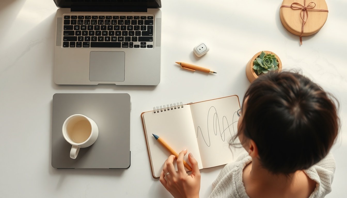 SNS 광고 - Korean woman upper body shot with face visible, looking at laptop showing social media ad performance dashboard, natural hands, professional office setting