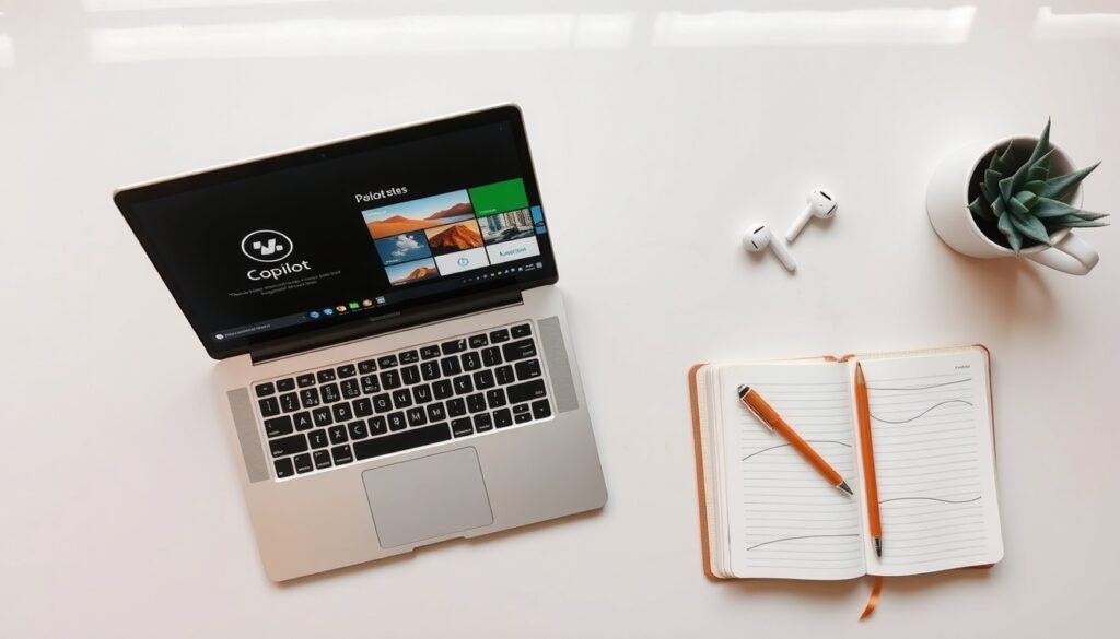 코파일럿 - flat lay of laptop with Microsoft Copilot interface on screen, notebook and pen on white desk, AI productivity concept