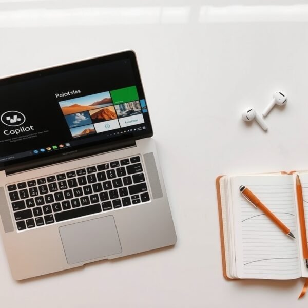 코파일럿 - flat lay of laptop with Microsoft Copilot interface on screen, notebook and pen on white desk, AI productivity concept
