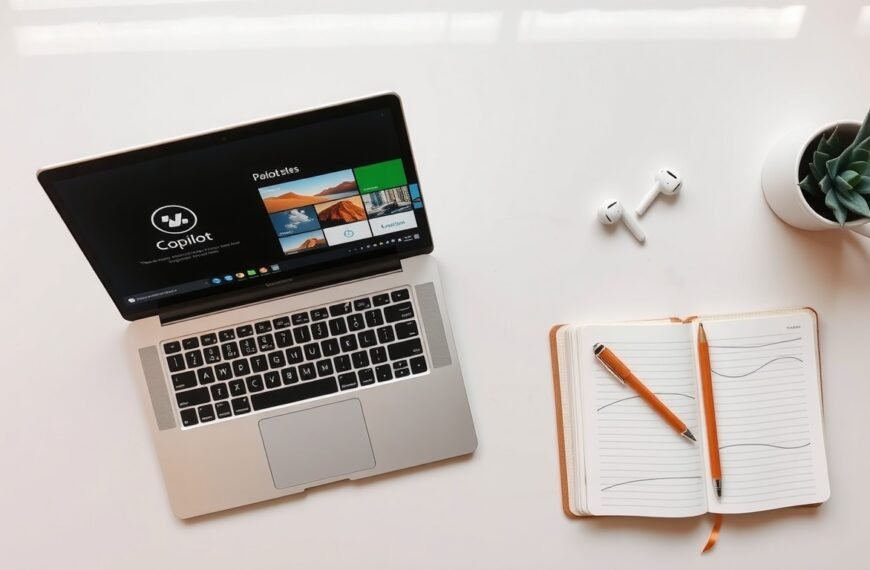 코파일럿 - flat lay of laptop with Microsoft Copilot interface on screen, notebook and pen on white desk, AI productivity concept