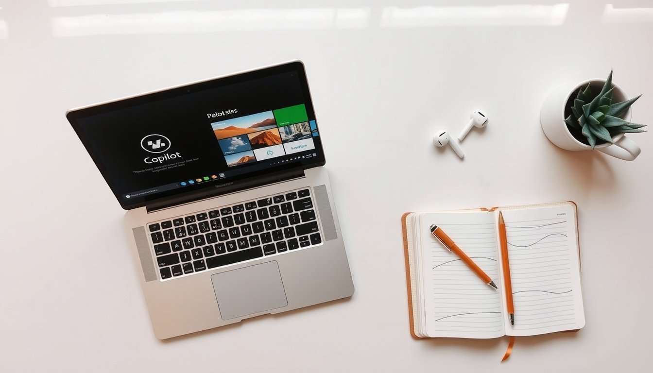 코파일럿 - flat lay of laptop with Microsoft Copilot interface on screen, notebook and pen on white desk, AI productivity concept