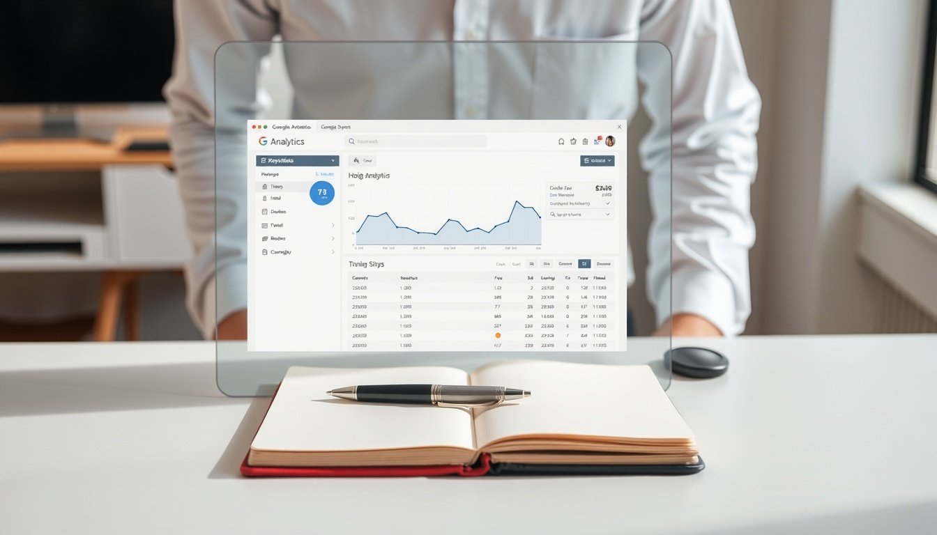 구글 애널리틱스 - Google Analytics GA4 key metrics dashboard screenshot concept, flat lay with notebook and pen showing blog performance data