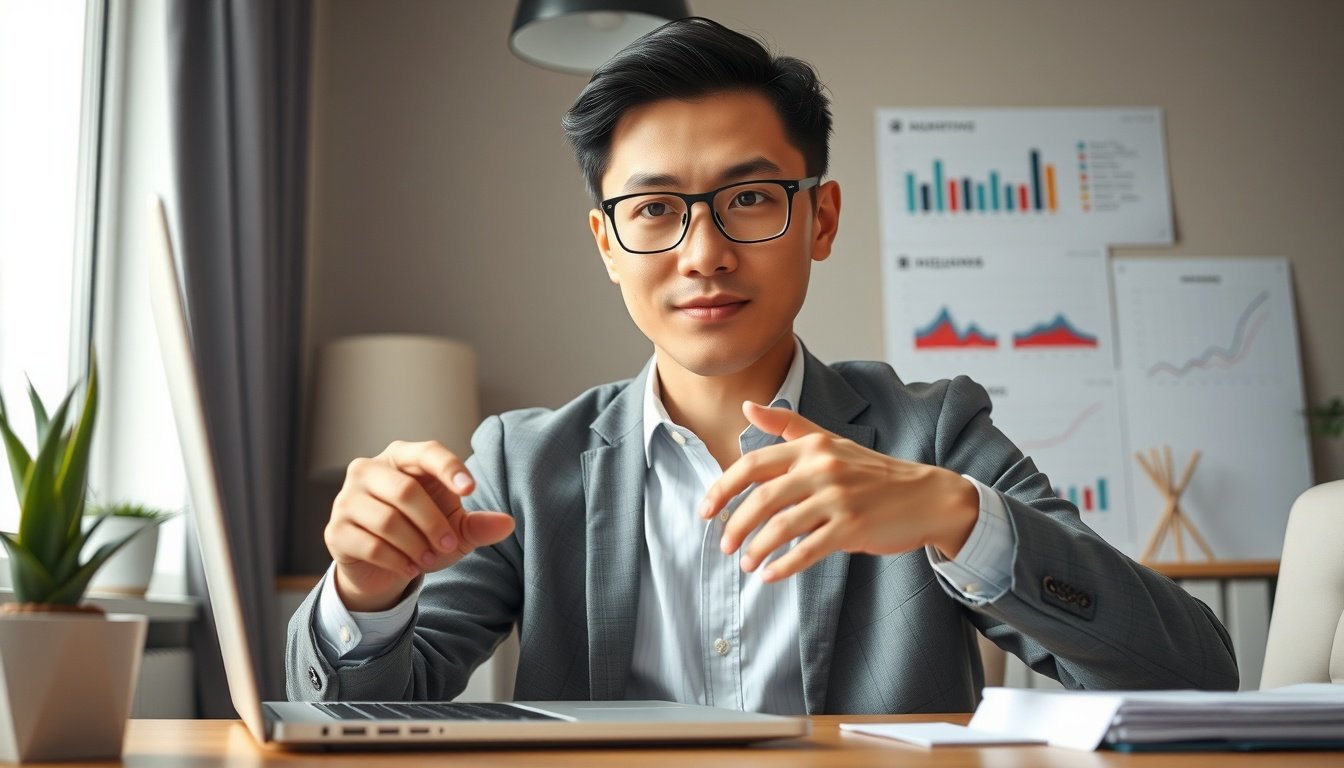 애드센스 수익 - Korean male blogger upper body shot with face visible, working on SEO strategy with laptop and analytics charts, natural hands, modern home office