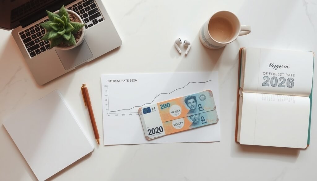 금리 전망 - flat lay of Korean won banknotes and interest rate chart on white desk, 2026 interest rate forecast concept