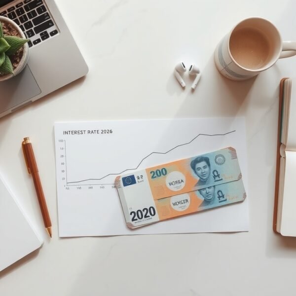금리 전망 - flat lay of Korean won banknotes and interest rate chart on white desk, 2026 interest rate forecast concept