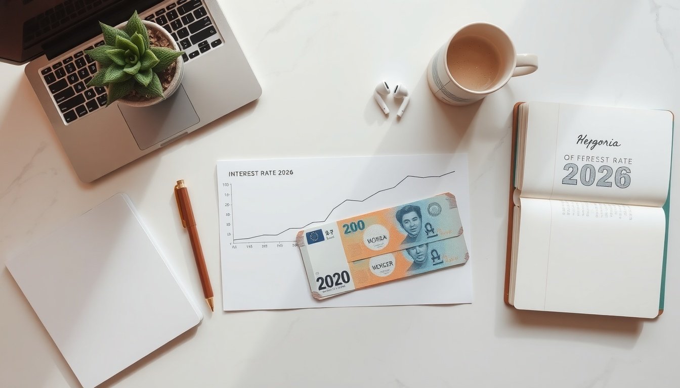 금리 전망 - flat lay of Korean won banknotes and interest rate chart on white desk, 2026 interest rate forecast concept