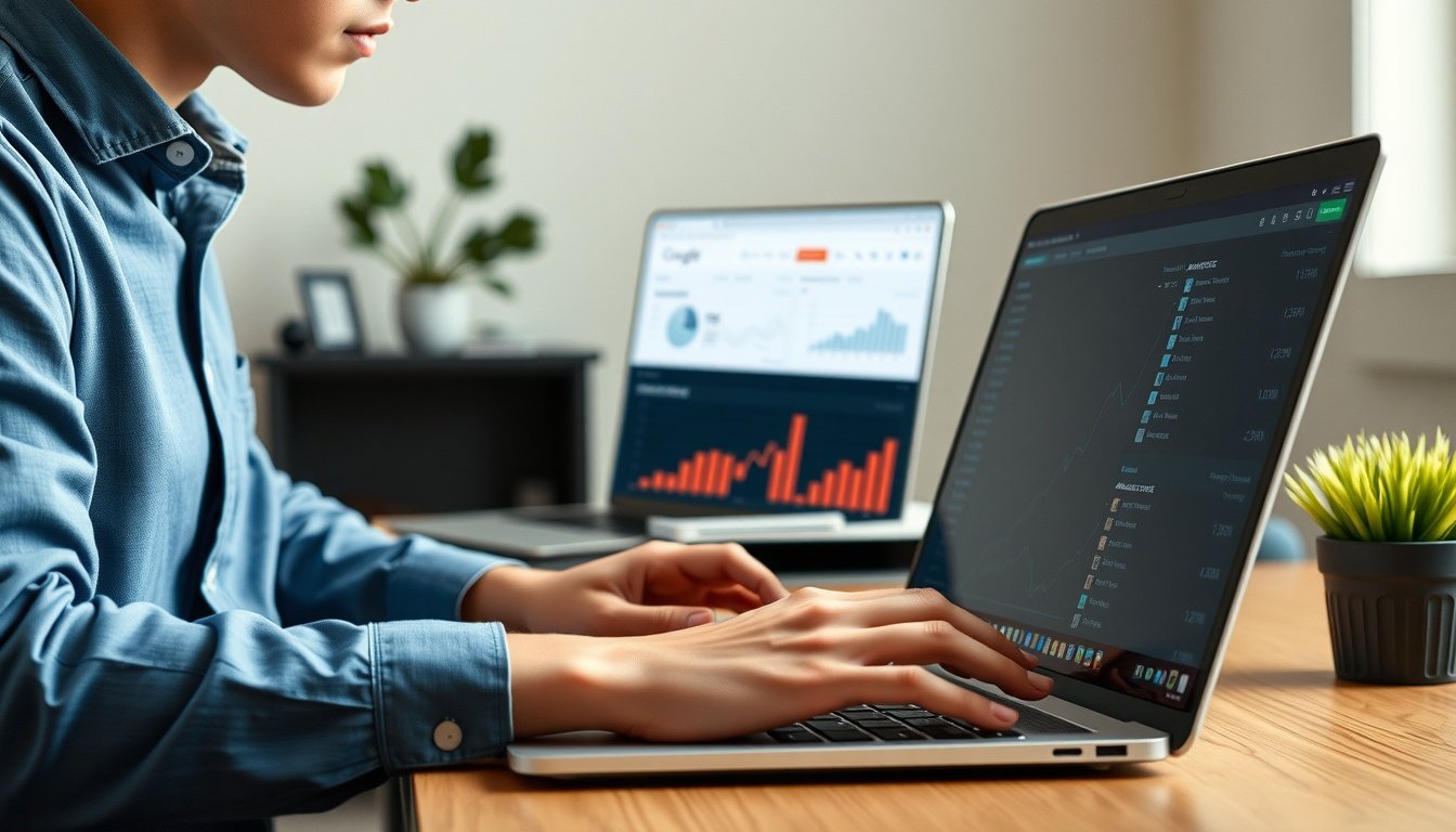 구글 애널리틱스 - Korean blogger upper body shot with face visible, analyzing Google Analytics data on laptop screen, natural hands, professional home office setting