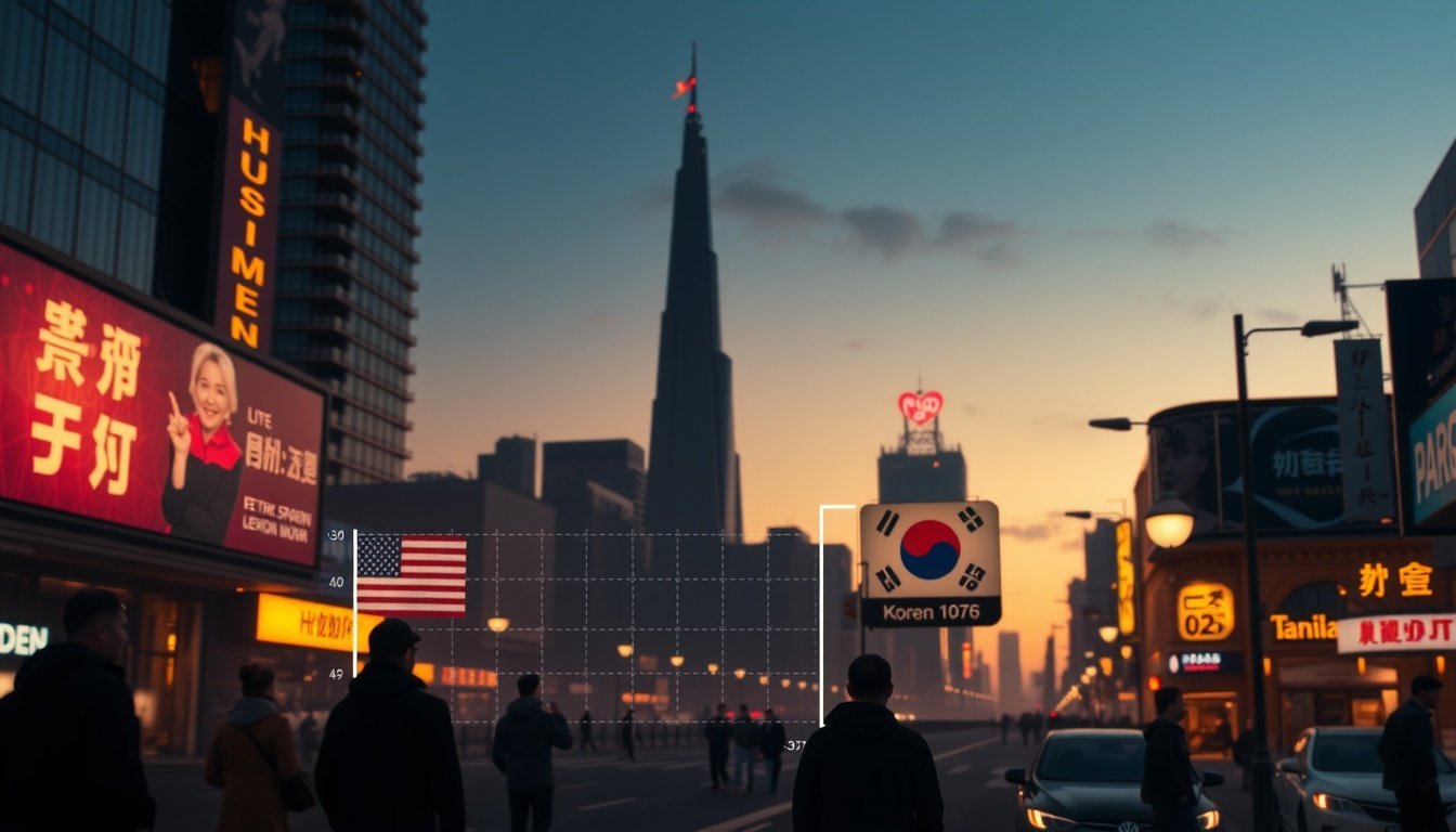 배당주 추천 - flat lay of dividend stocks comparison chart with US and Korean flag icons, investment concept overhead view