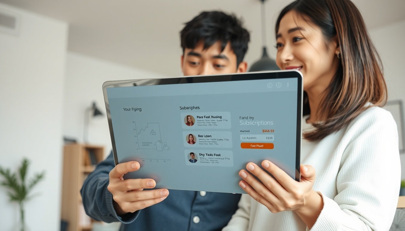 주택청약 - Korean couple upper body shot with face visible, looking at housing subscription application on laptop screen, natural hands, bright modern home interior background