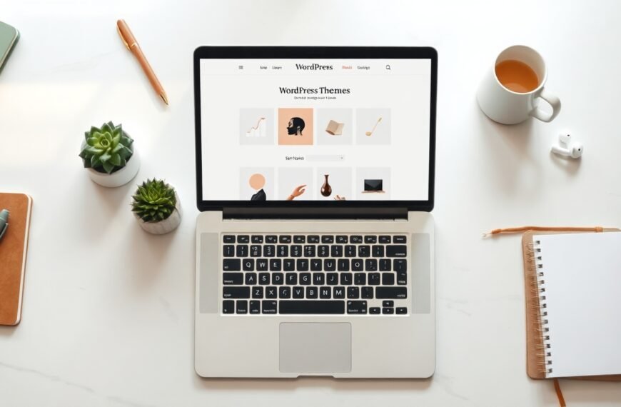 워드프레스 테마 - flat lay of laptop showing WordPress theme selection screen with notebook and coffee cup on white desk, wordpress theme concept