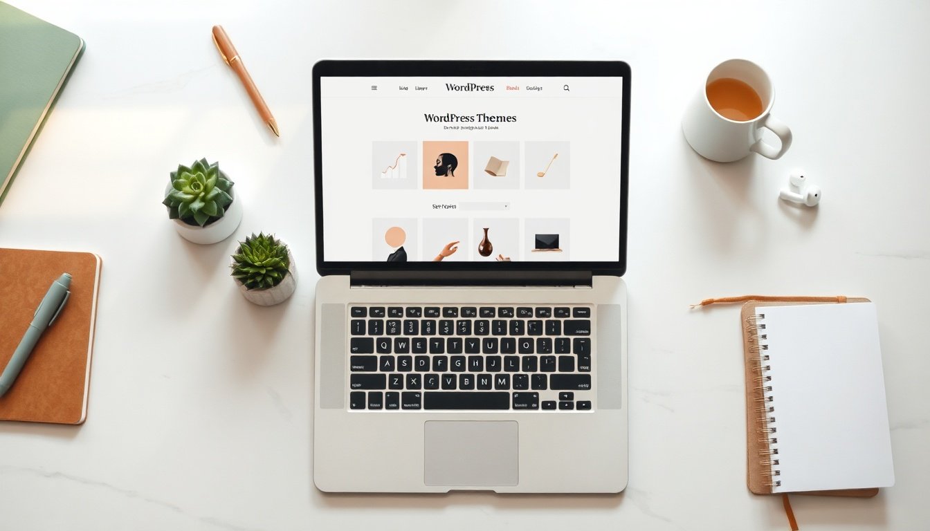 워드프레스 테마 - flat lay of laptop showing WordPress theme selection screen with notebook and coffee cup on white desk, wordpress theme concept