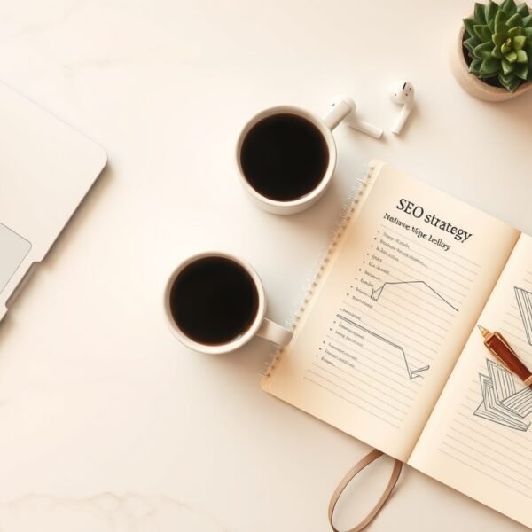 구글 SEO - flat lay of laptop with Google search page open, SEO strategy notebook and coffee cup on white desk, overhead view