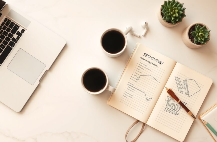 구글 SEO - flat lay of laptop with Google search page open, SEO strategy notebook and coffee cup on white desk, overhead view