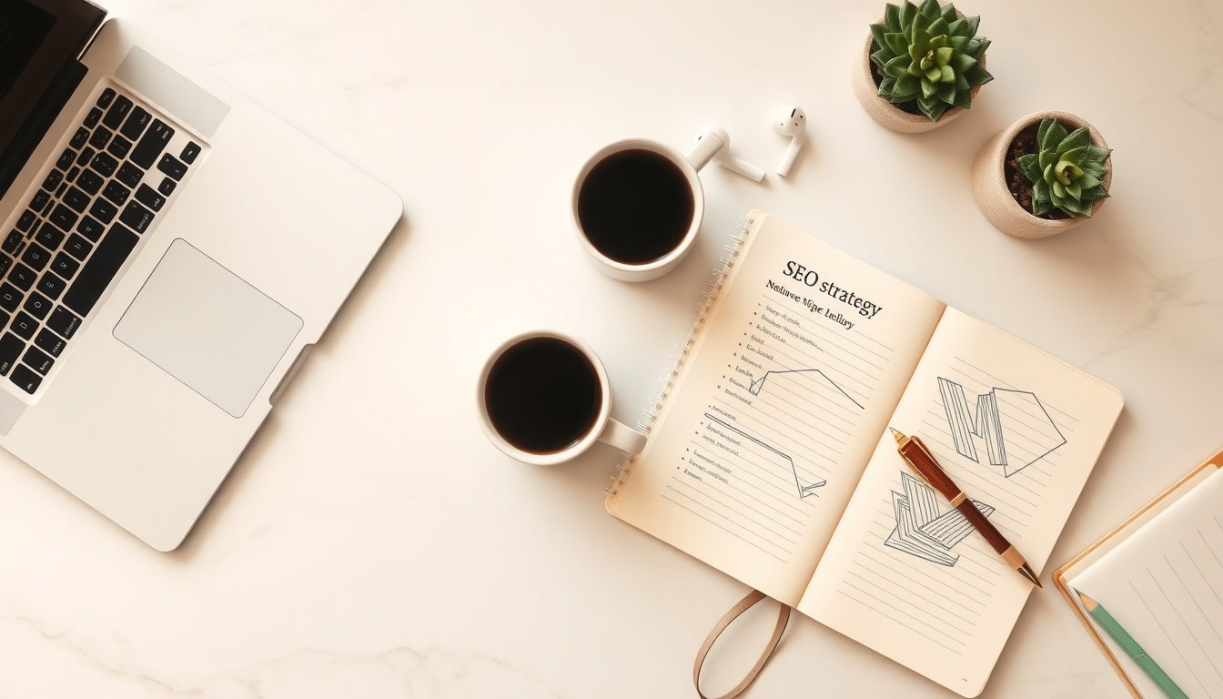 구글 SEO - flat lay of laptop with Google search page open, SEO strategy notebook and coffee cup on white desk, overhead view
