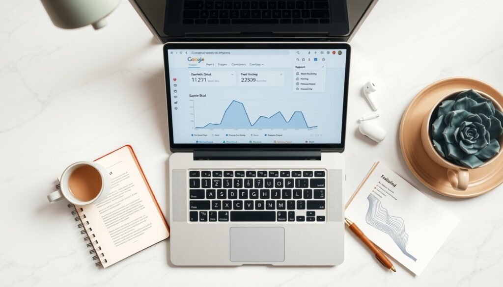백링크 전략 - flat lay of laptop with Google search analytics dashboard showing backlink strategy concept on white desk