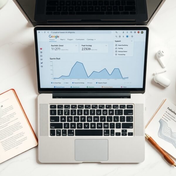 백링크 전략 - flat lay of laptop with Google search analytics dashboard showing backlink strategy concept on white desk