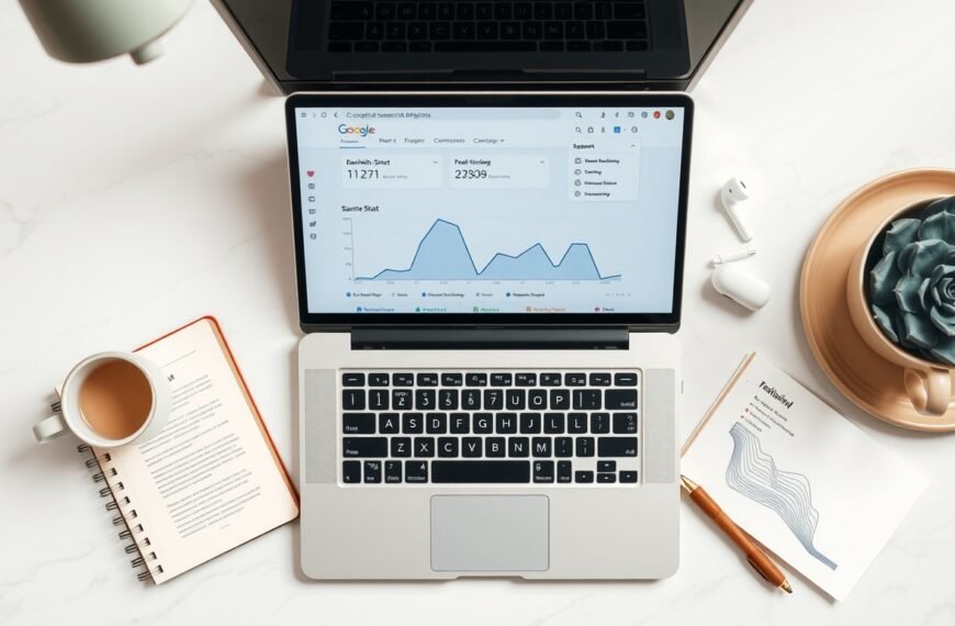 백링크 전략 - flat lay of laptop with Google search analytics dashboard showing backlink strategy concept on white desk