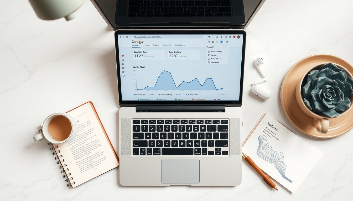 백링크 전략 - flat lay of laptop with Google search analytics dashboard showing backlink strategy concept on white desk
