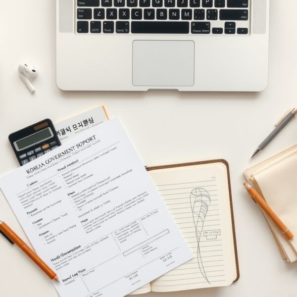 근로장려금 - flat lay of Korean government support document and calculator on white desk, earned income tax credit concept, overhead view