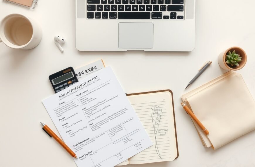근로장려금 - flat lay of Korean government support document and calculator on white desk, earned income tax credit concept, overhead view