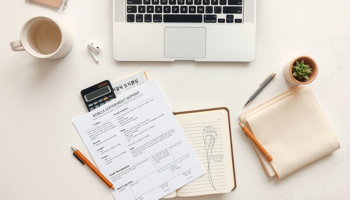 근로장려금 - flat lay of Korean government support document and calculator on white desk, earned income tax credit concept, overhead view