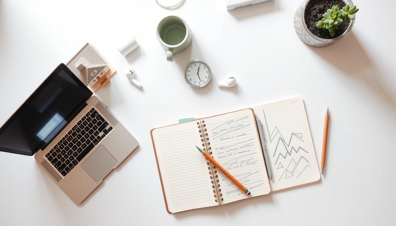 부동산 투자 - flat lay of house model, calculator, and investment documents on white desk, real estate investment concept
