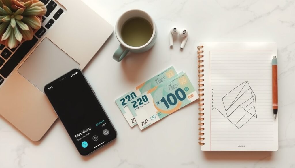 재테크 방법 - flat lay of Korean won banknotes, smartphone with investment app, and notebook on white desk, personal finance and wealth management concept
