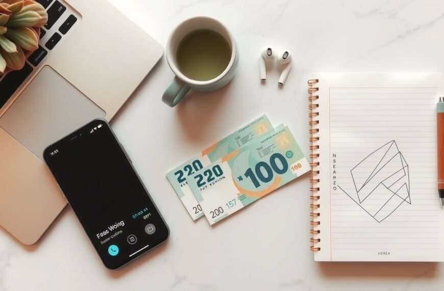재테크 방법 - flat lay of Korean won banknotes, smartphone with investment app, and notebook on white desk, personal finance and wealth management concept