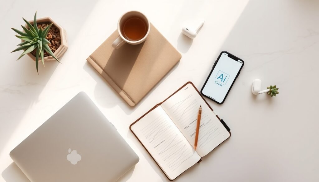 클로드 AI - flat lay of laptop and smartphone displaying Claude AI interface on white desk, AI technology concept