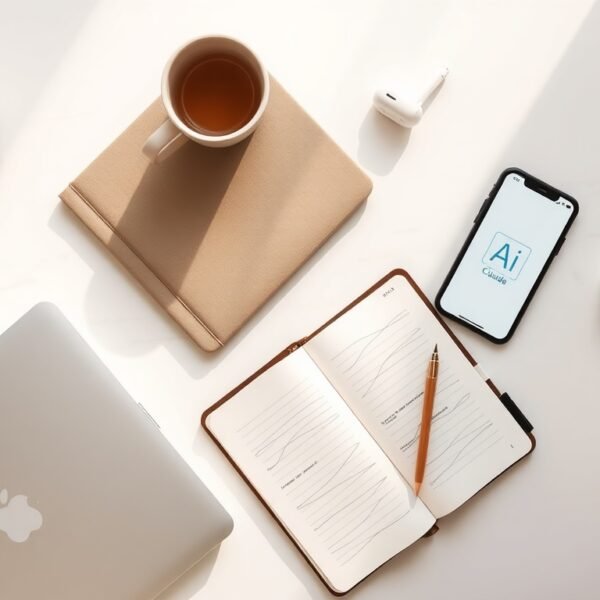 클로드 AI - flat lay of laptop and smartphone displaying Claude AI interface on white desk, AI technology concept