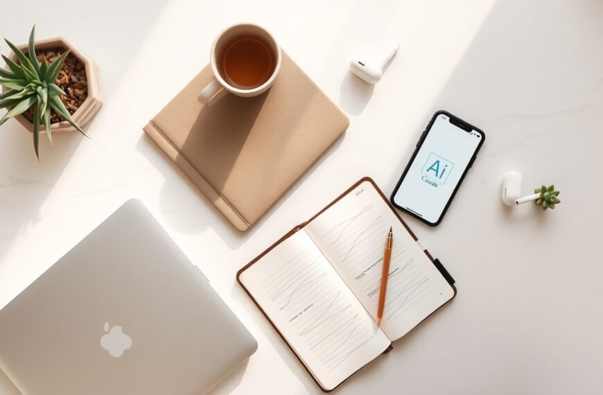 클로드 AI - flat lay of laptop and smartphone displaying Claude AI interface on white desk, AI technology concept