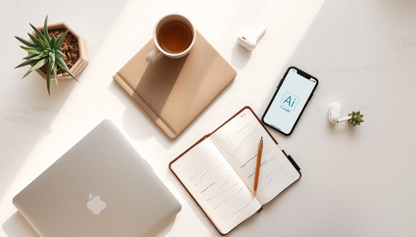 클로드 AI - flat lay of laptop and smartphone displaying Claude AI interface on white desk, AI technology concept