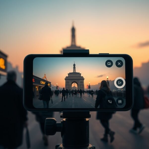 라이브 커머스 - flat lay of smartphone on tripod with ring light and product display, live commerce streaming setup concept