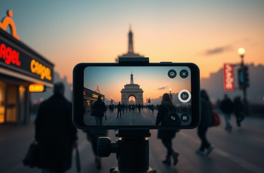 라이브 커머스 - flat lay of smartphone on tripod with ring light and product display, live commerce streaming setup concept
