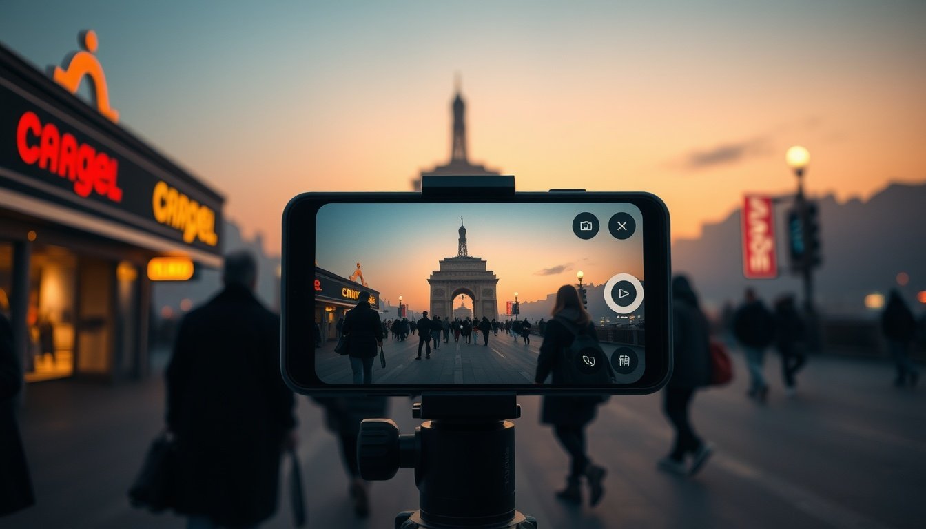 라이브 커머스 - flat lay of smartphone on tripod with ring light and product display, live commerce streaming setup concept