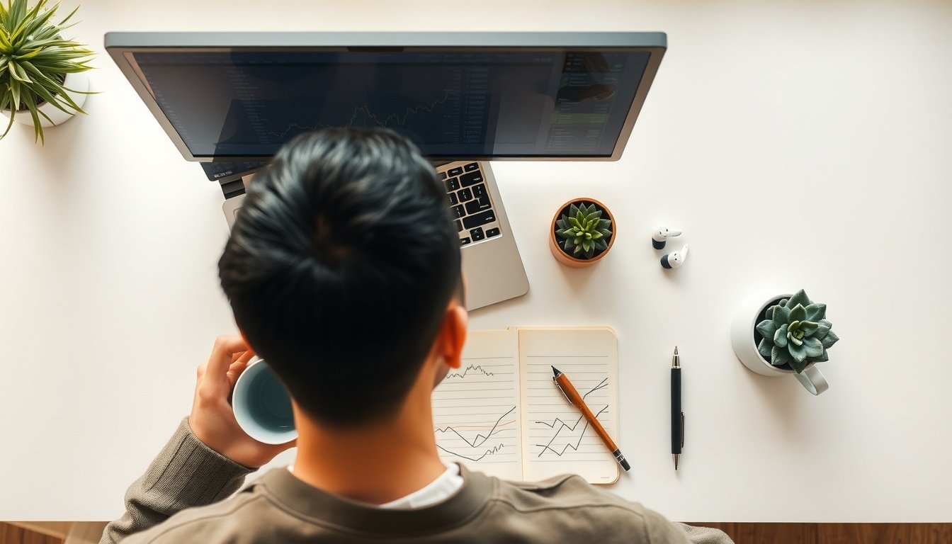 주식 초보 - Korean man upper body shot with face visible, looking at stock chart on monitor in home office, natural hands, stock beginner learning