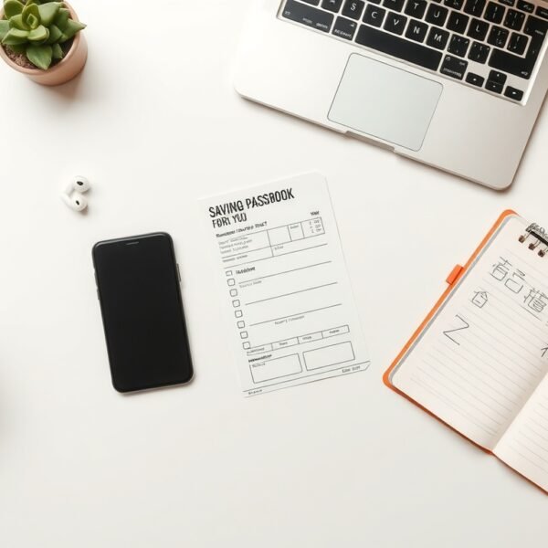 청년도약계좌 - flat lay of smartphone, savings passbook, and Korean won bills on white desk, youth savings account concept