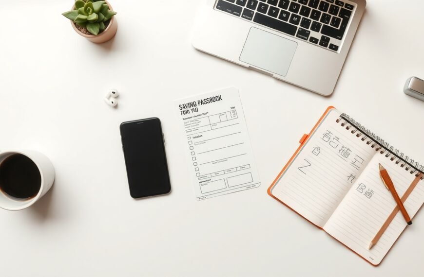 청년도약계좌 - flat lay of smartphone, savings passbook, and Korean won bills on white desk, youth savings account concept