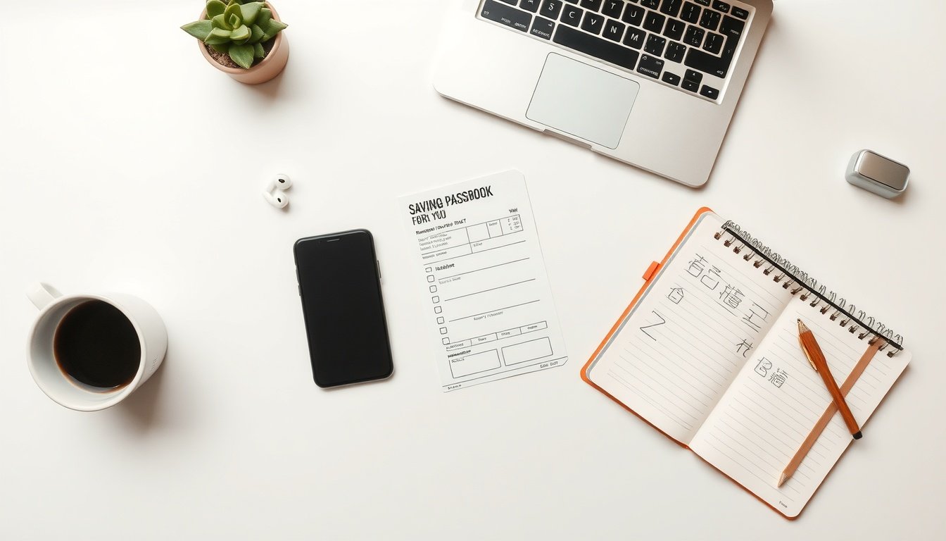 청년도약계좌 - flat lay of smartphone, savings passbook, and Korean won bills on white desk, youth savings account concept