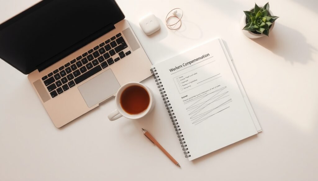 산재보험 - flat lay of workers compensation insurance documents and pen on white desk,산재보험 concept